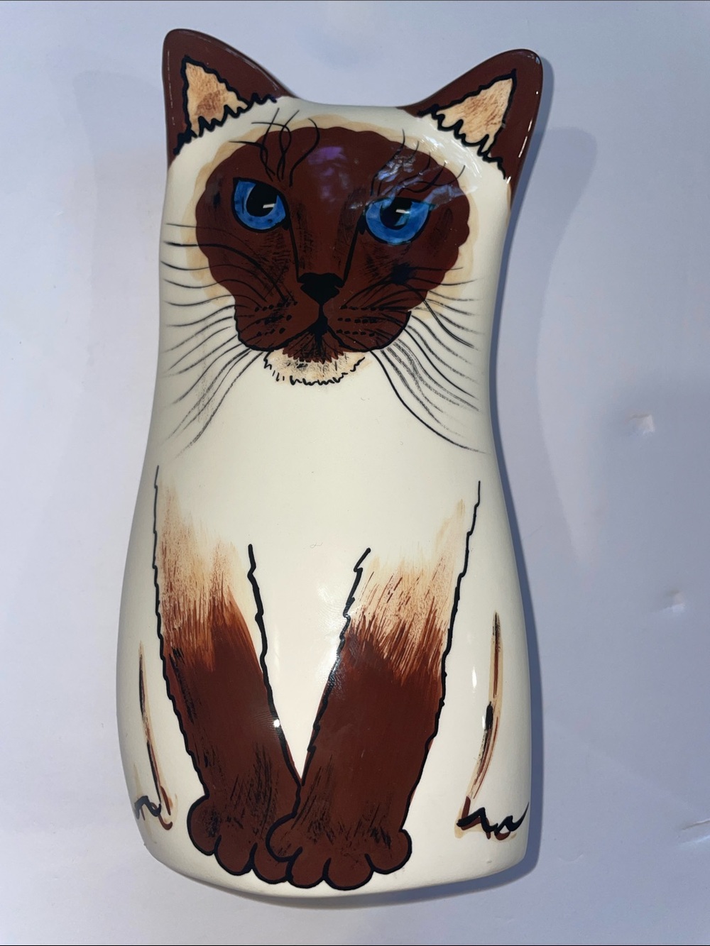 2001 Nina Lyman 8” Cream & Brown Cat Vase with Blue Eyes